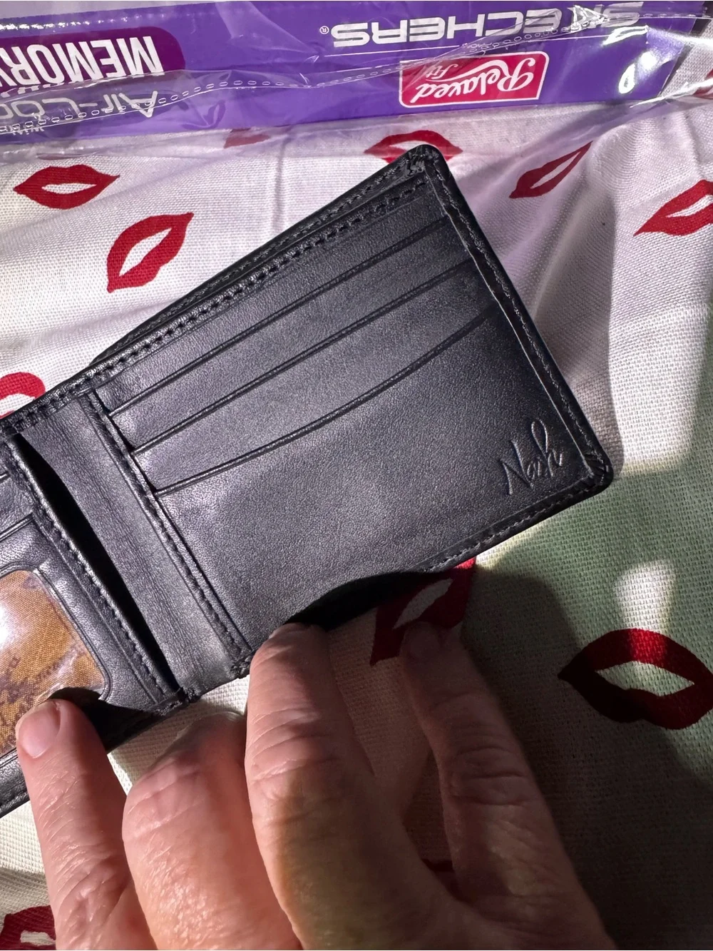 Patricia Nash vintage Classic Black Leather Men's Bi-Fold Wallet with map fabric
